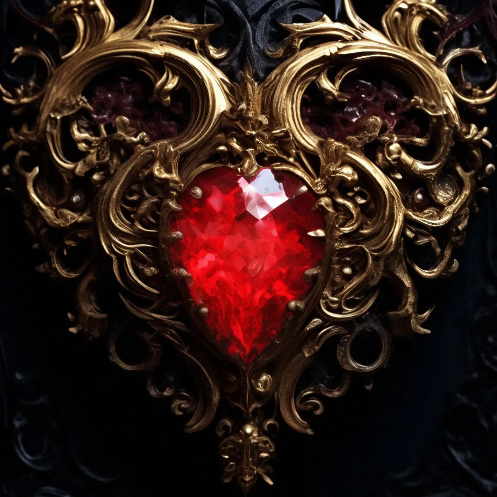 a red heart shaped brooch sitting on top of a black surface