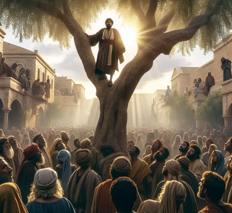 a man sitting on top of a tree surrounded by people