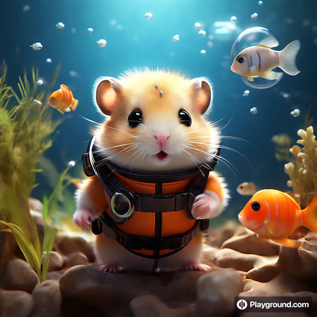 a hamster in a life jacket surrounded by fish