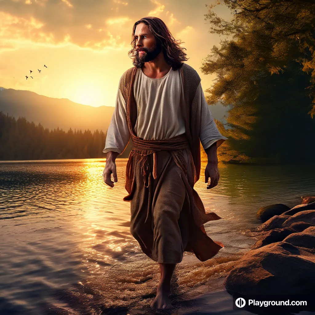 a painting of jesus walking into the water