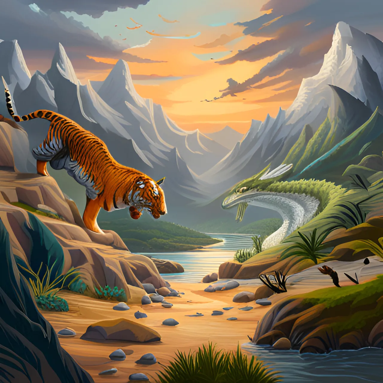 a painting of a tiger walking across a river