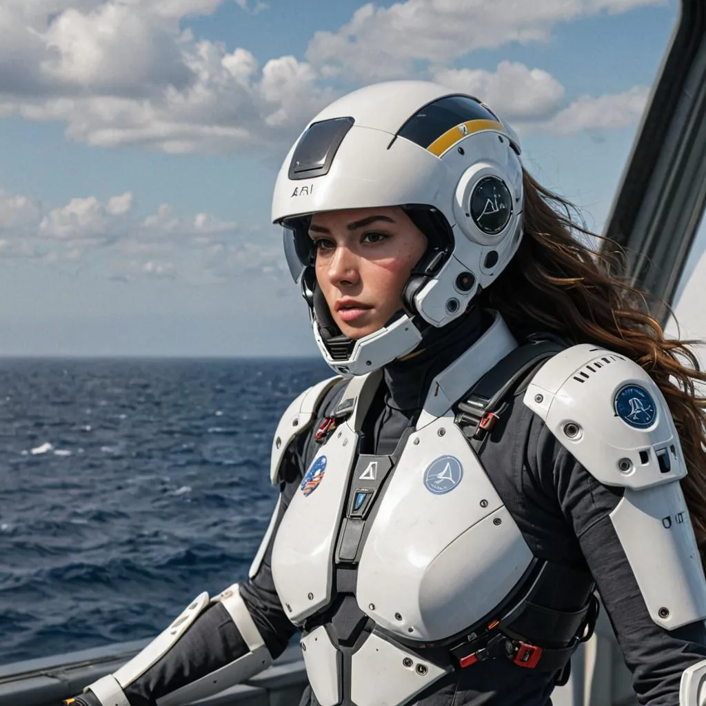 a woman in a space suit standing on a boat