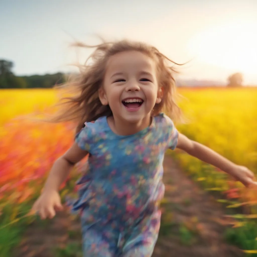 a little girl running through a field of flowers