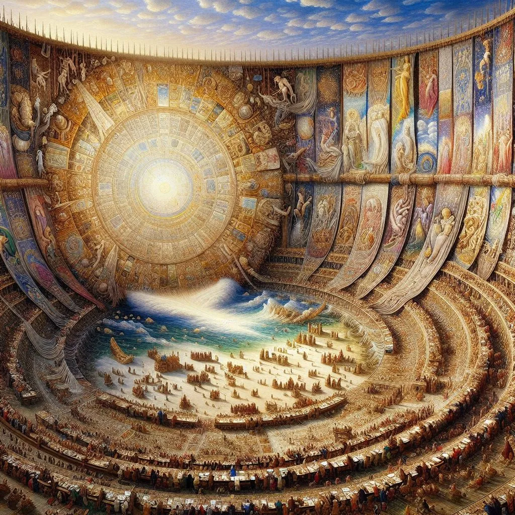 a painting of a large room filled with people