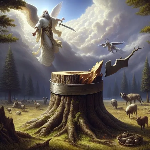 a painting of a man with a sword on top of a tree stump