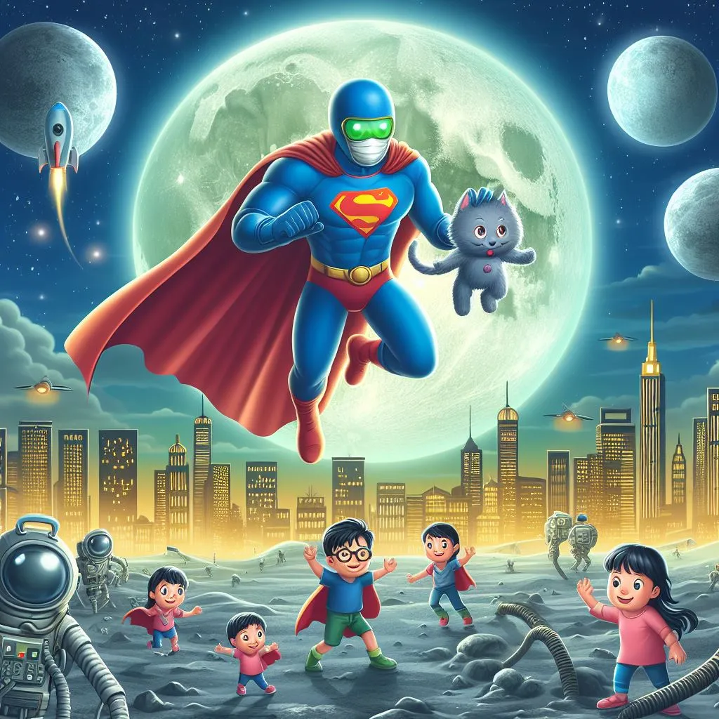 a painting of a superman flying over a group of kids