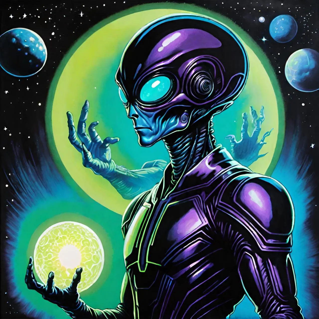 a painting of an alien holding a glowing ball