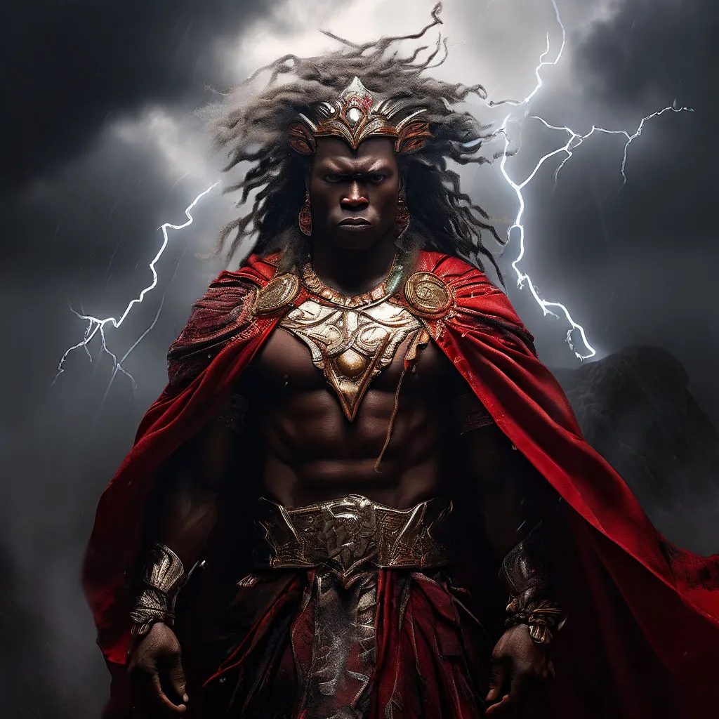 a man dressed as a warrior with lightning in the background