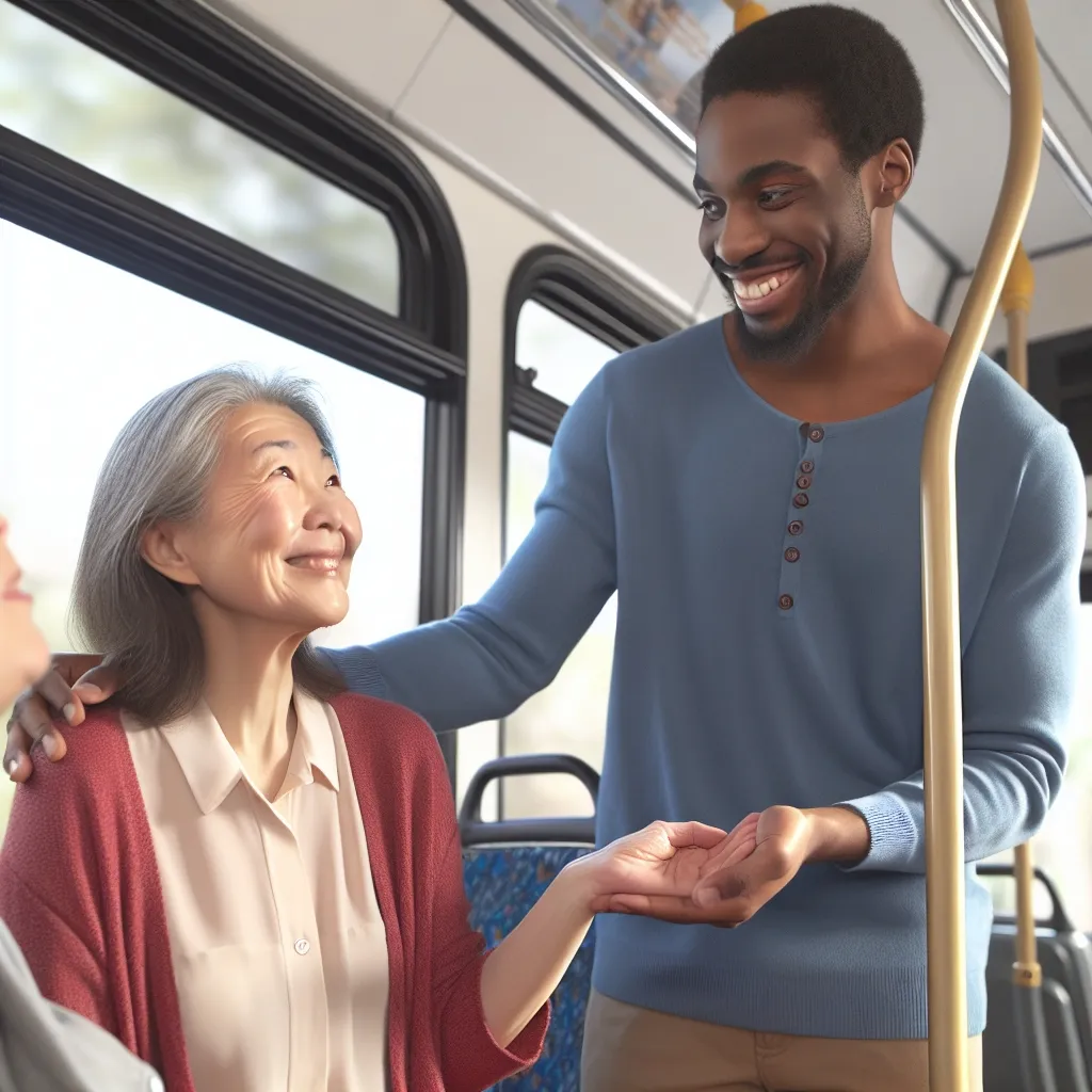 a person offering their seat on the bus to an elderly person.  The spectator's smile is an expression of appreciation for the positive gesture.