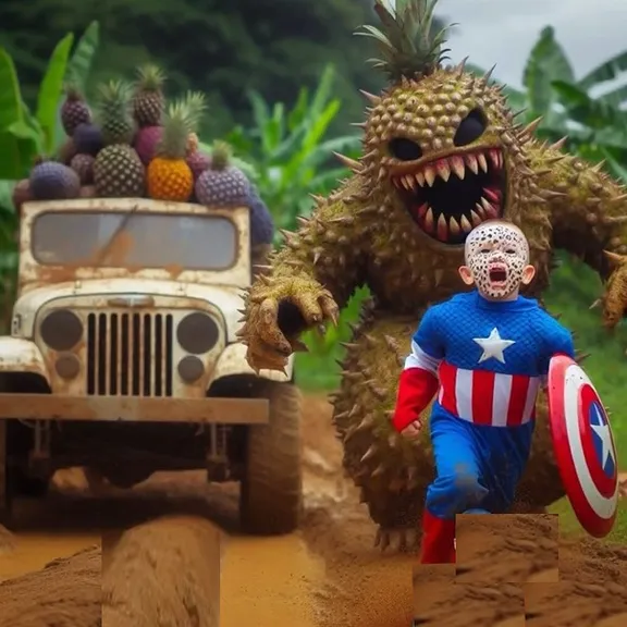 a little captain-america running away from giant fruit-monster