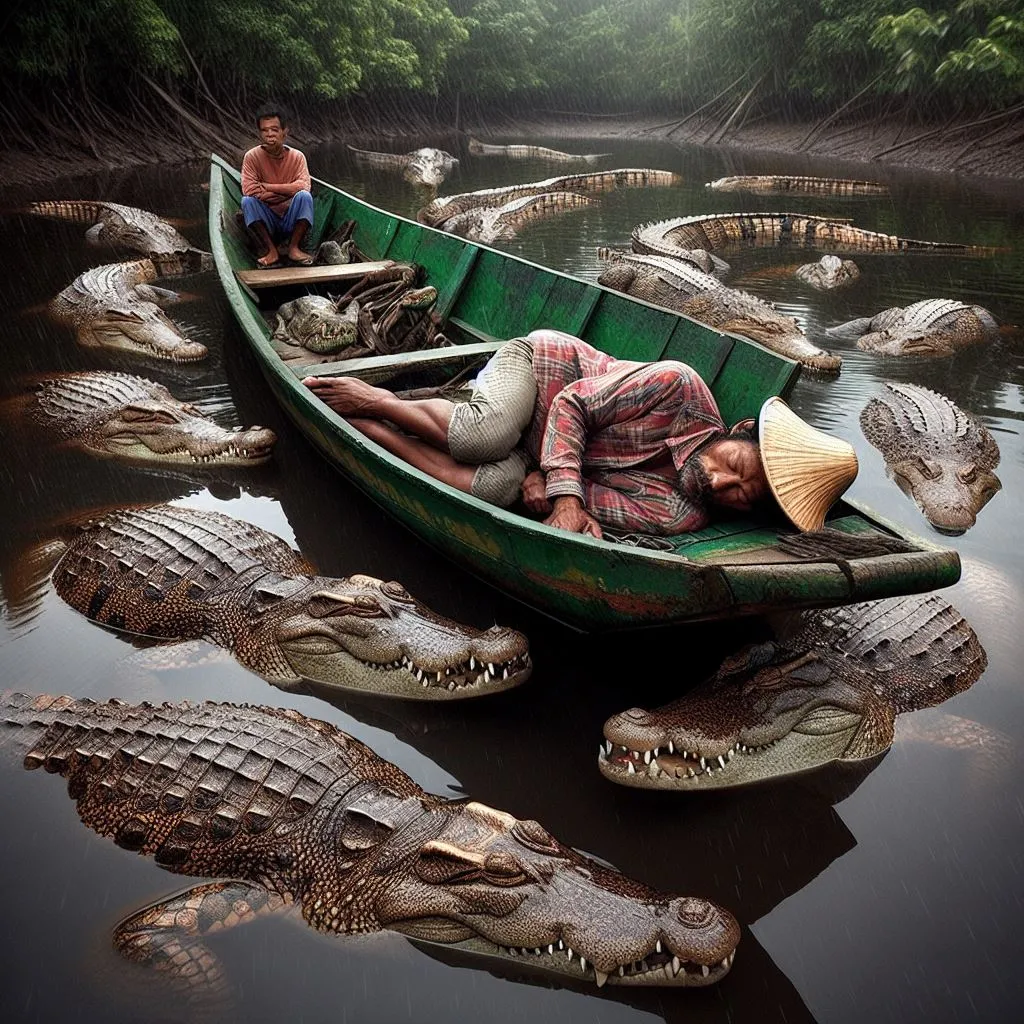 a man laying on top of a green boat next to alligators