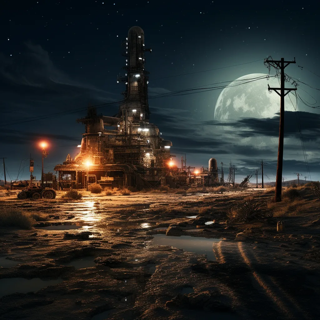 a night scene of a factory with a full moon in the background