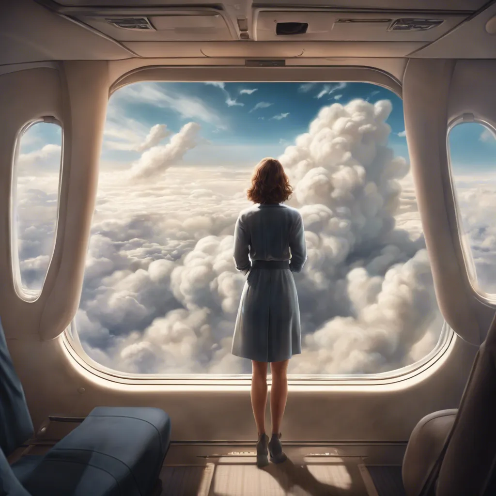 Wide shot from inside the plane as it takes off, with a woman looking out the window at the clouds.