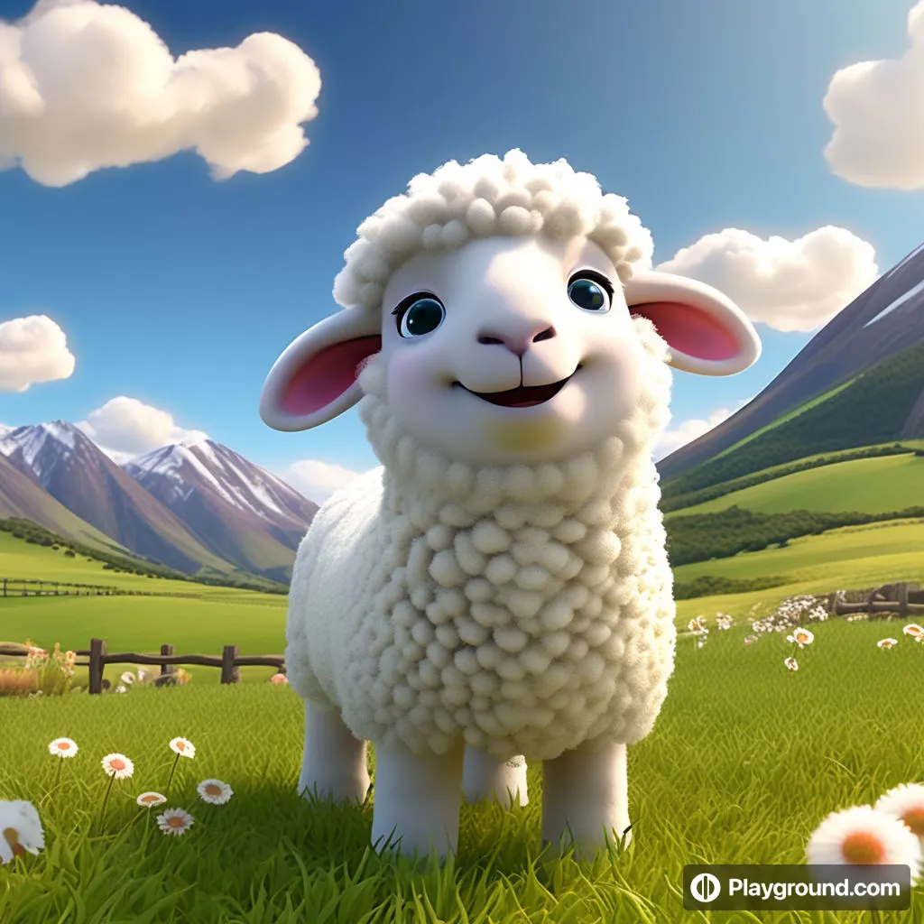 a cartoon sheep standing in a field with mountains in the background