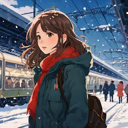 a woman standing in front of a train in the snow