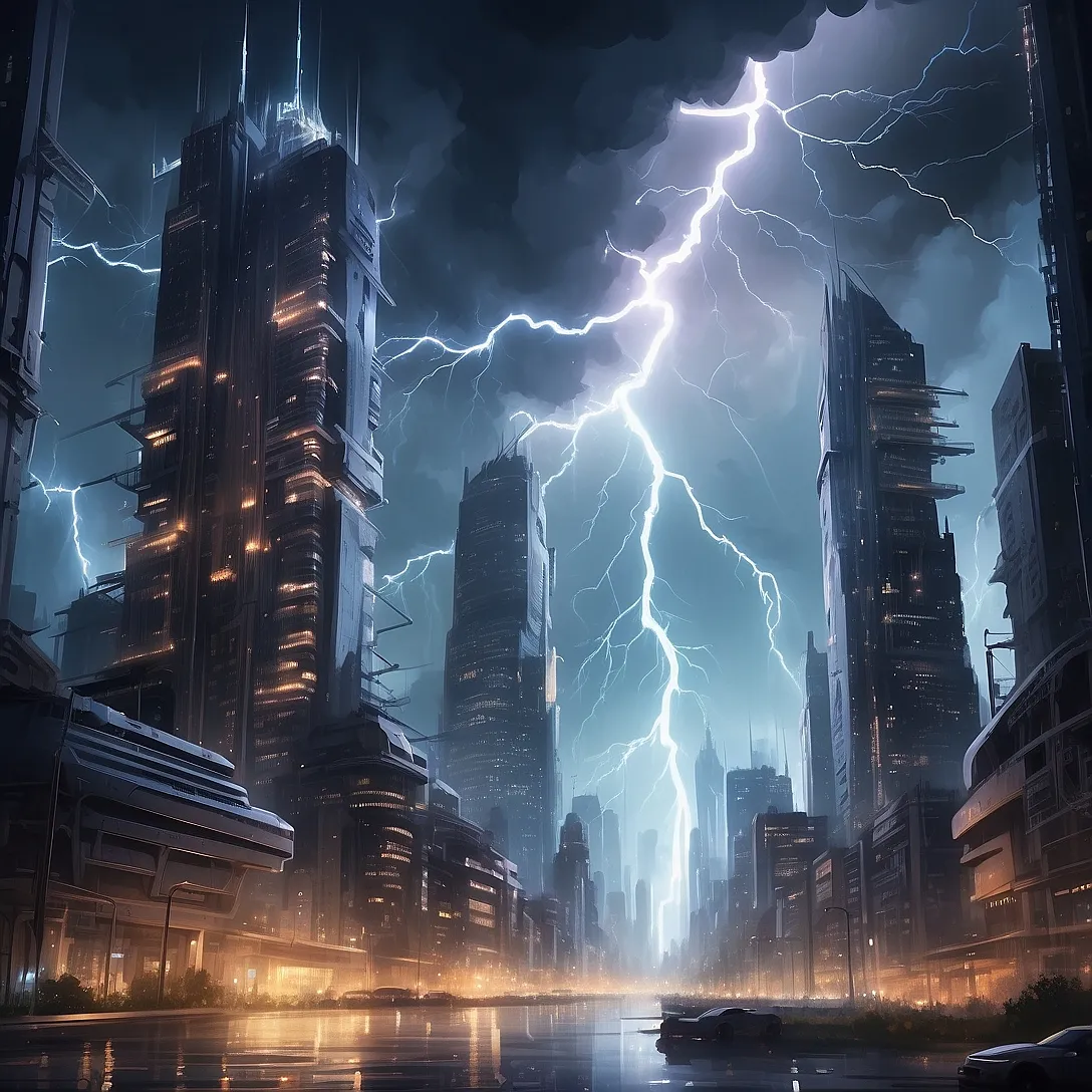 a city with a lot of lightning in the sky