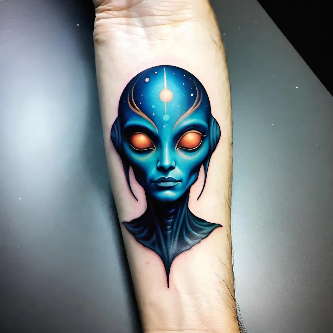 a tattoo of a blue alien with glowing eyes