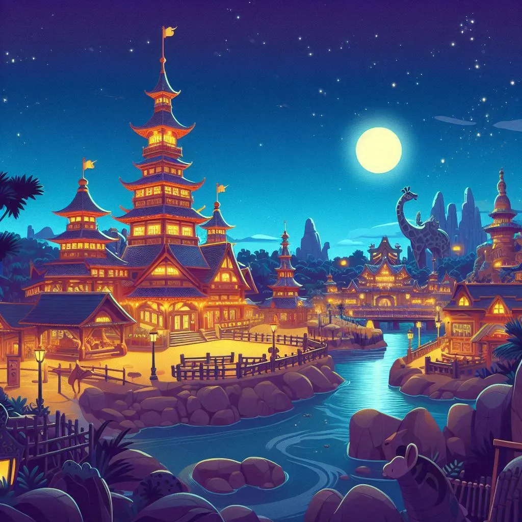 a painting of a night scene with a river and pagodas