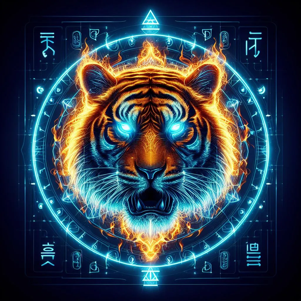 a tiger's face with glowing blue eyes