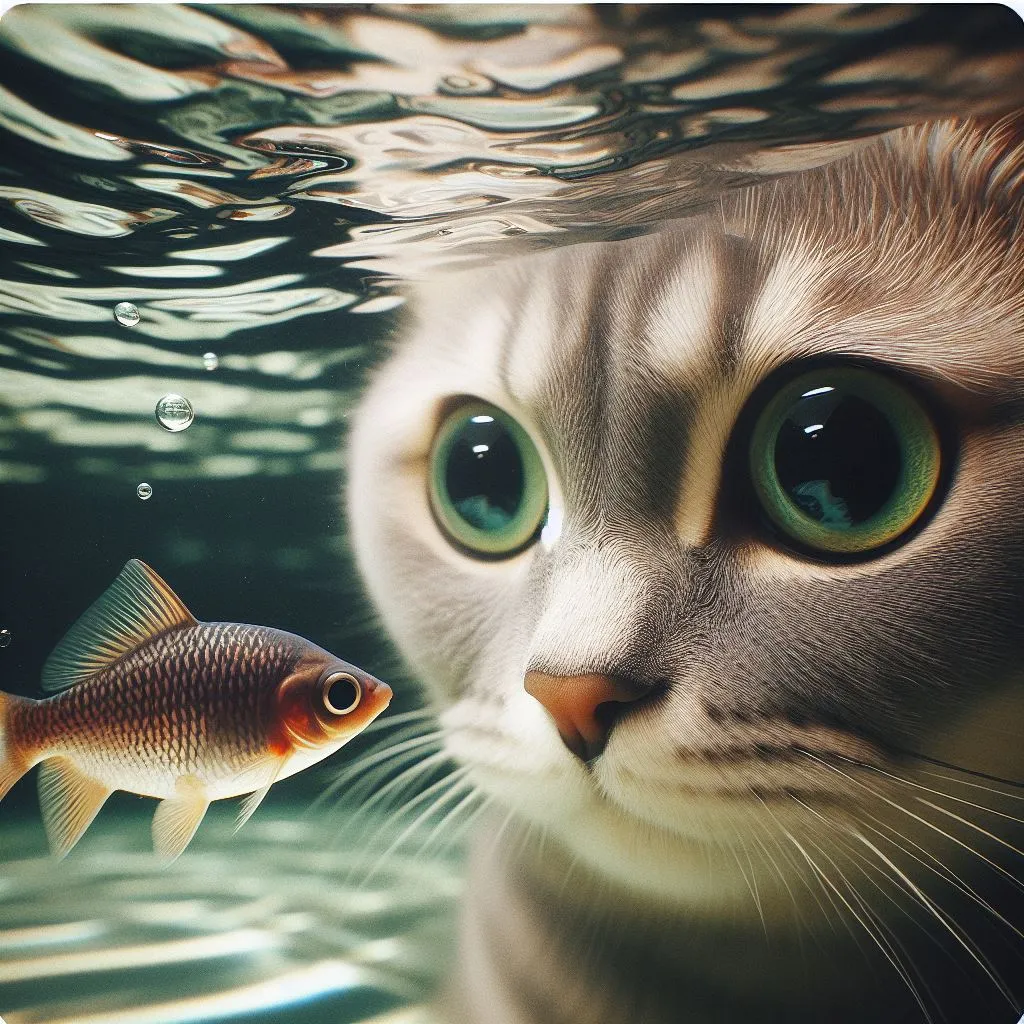 a cat looking at a fish in the water