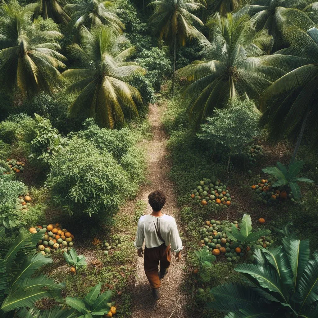 a man walking down a dirt road surrounded by palm trees, early morning