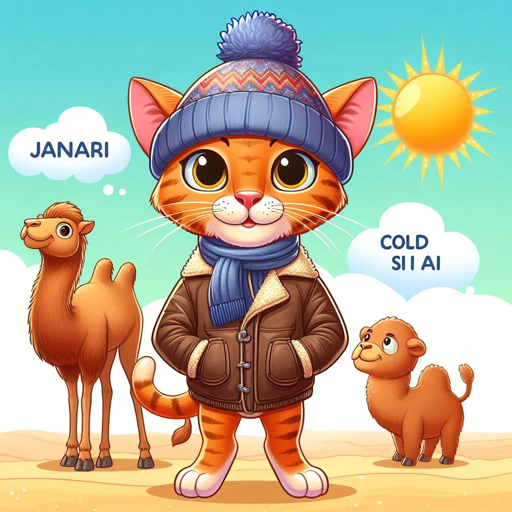 a cat wearing a jacket and a hat standing next to a camel