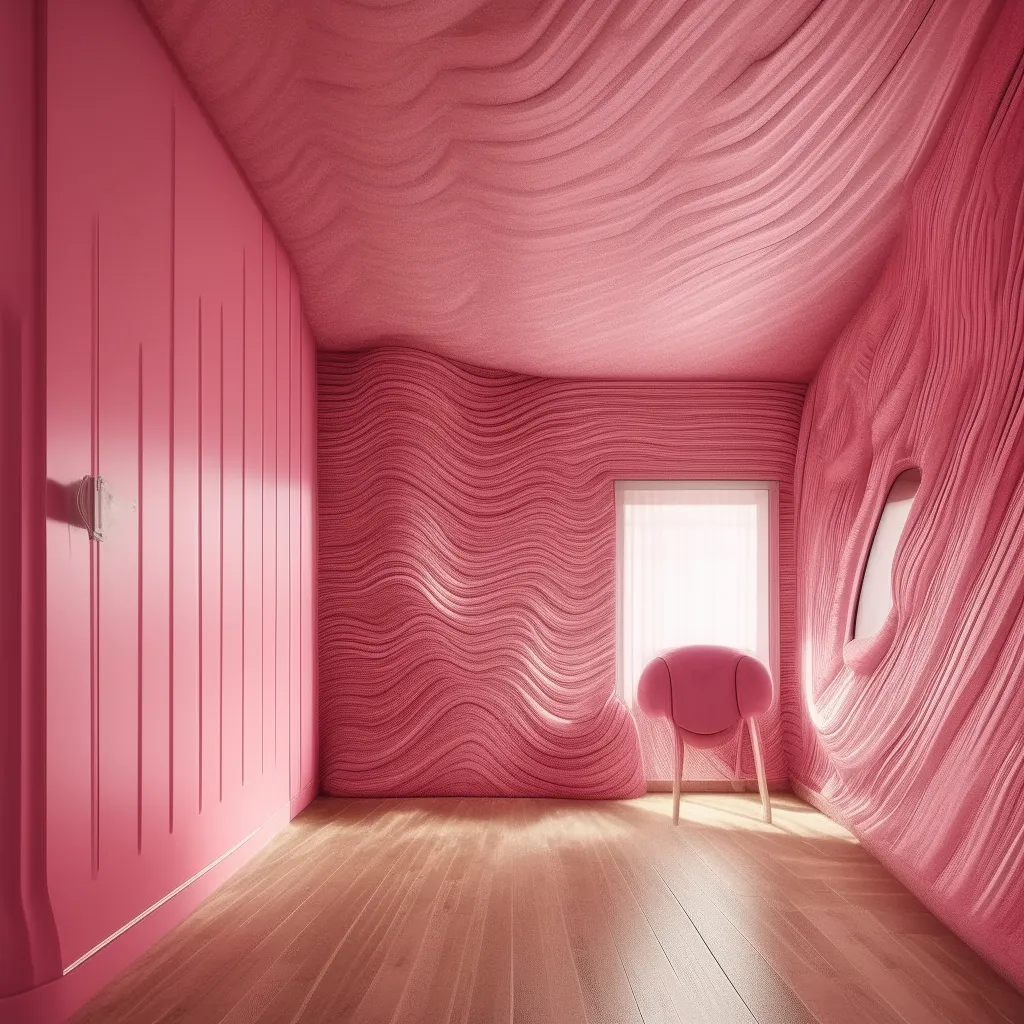 Abstract holographic art on walls of a pink room with neon lights