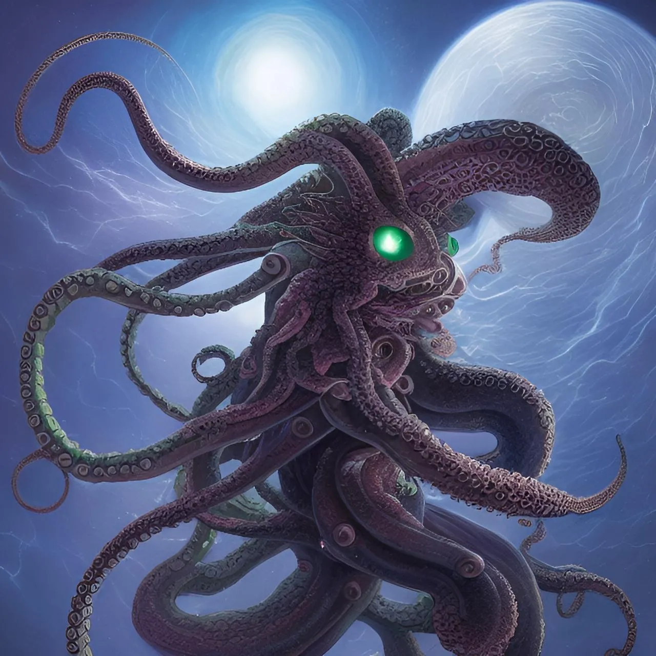 an octopus with glowing green eyes is in front of a full moon