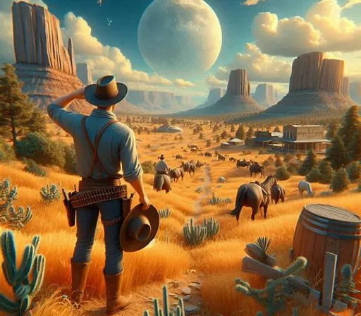 a painting of a cowboy looking at the desert