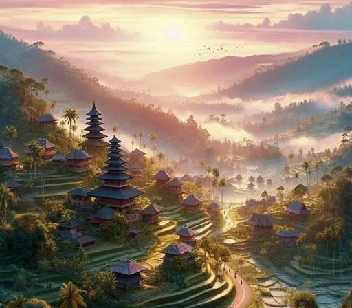 a painting of a village in the mountains