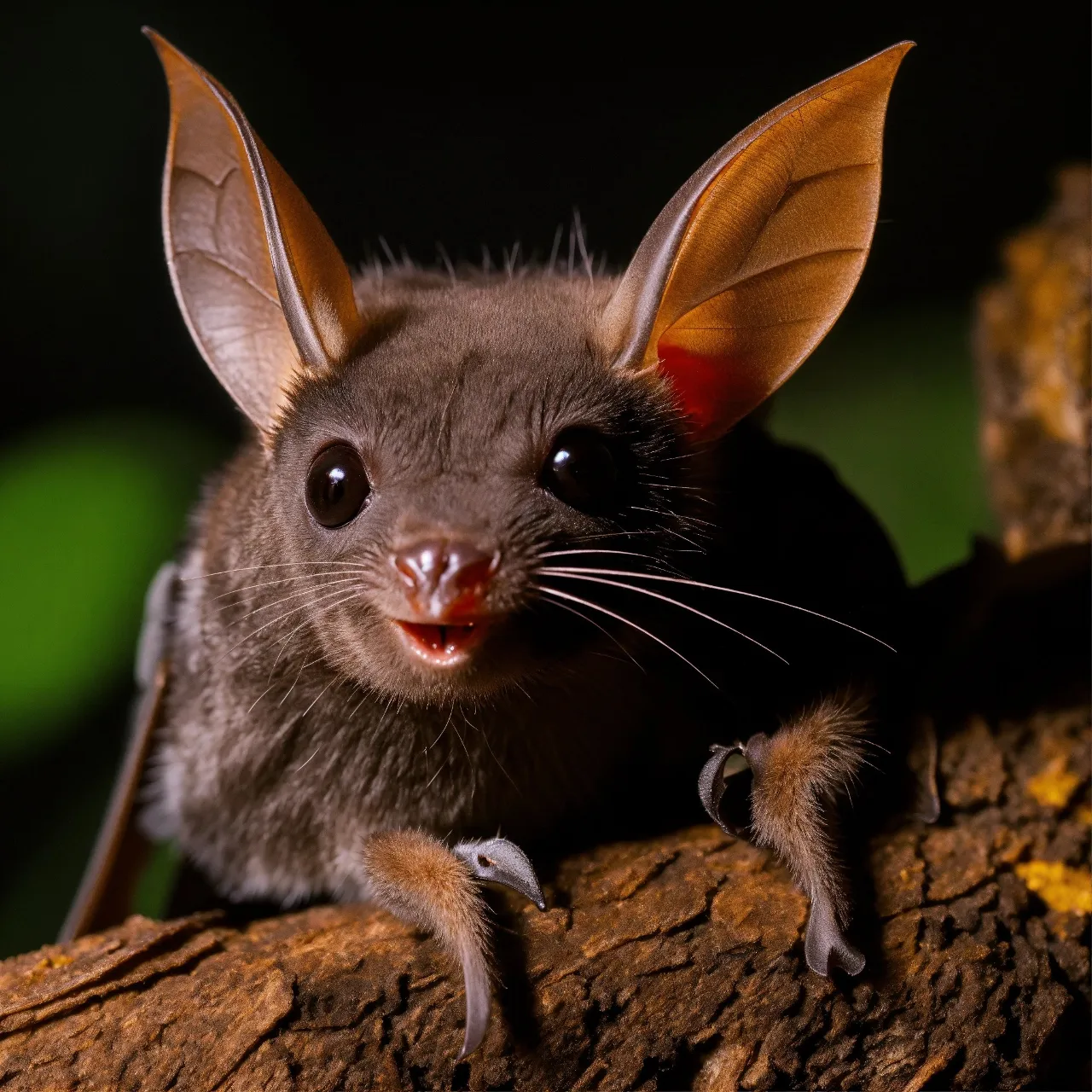 a close up of a bat on a tree branch