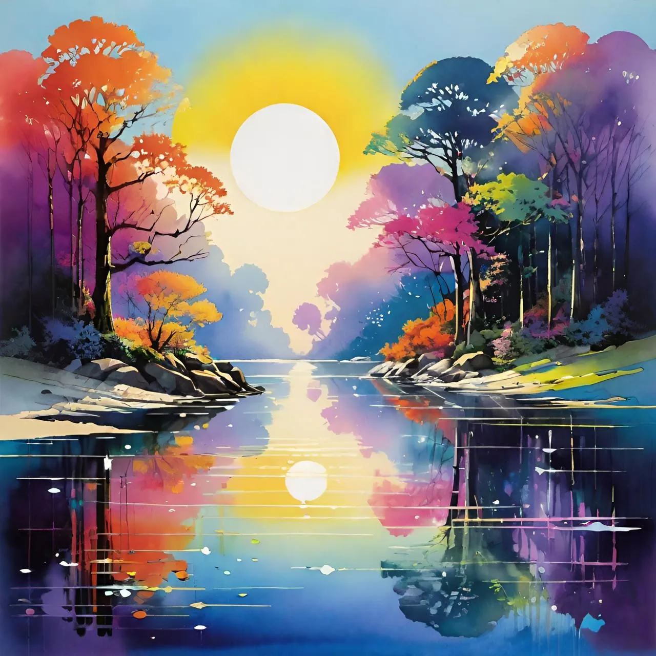 a painting of a river with trees and a sun in the background