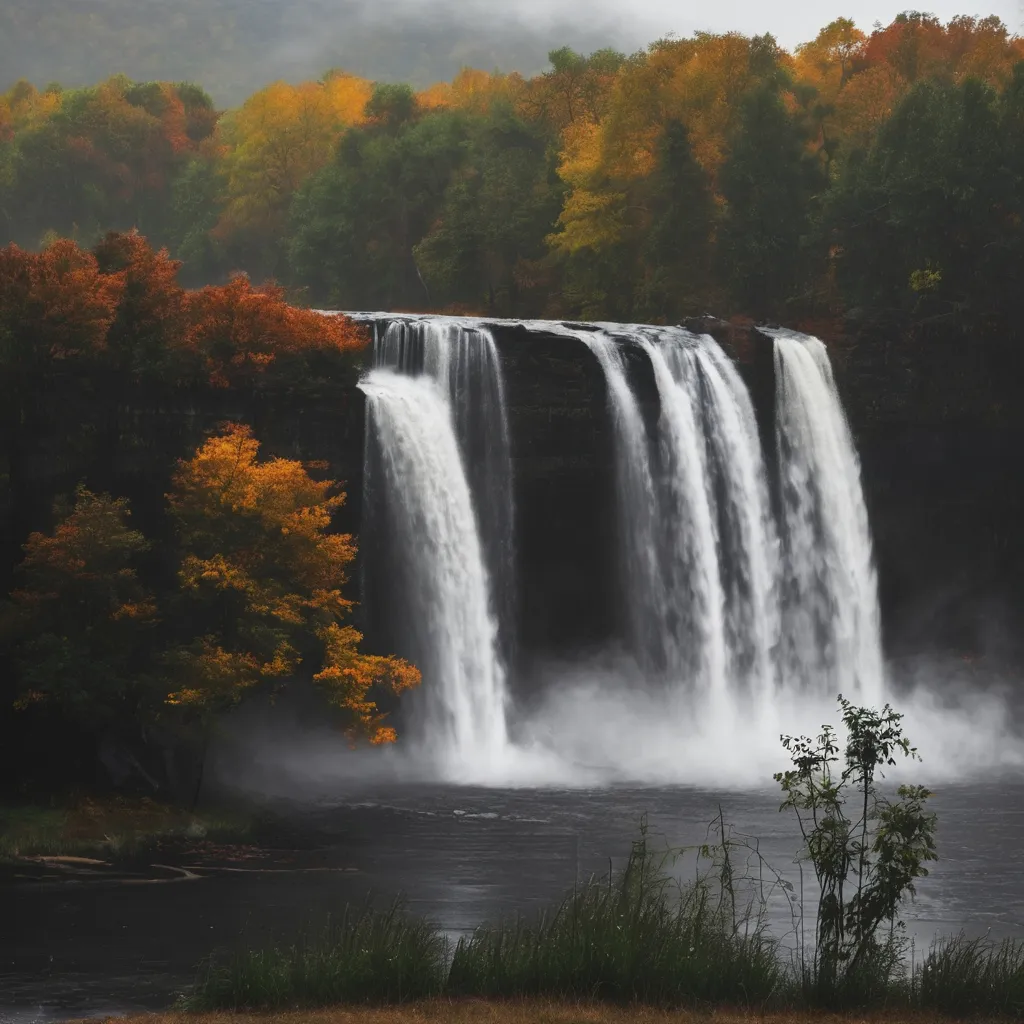 a waterfall in the middle of a river surrounded by trees