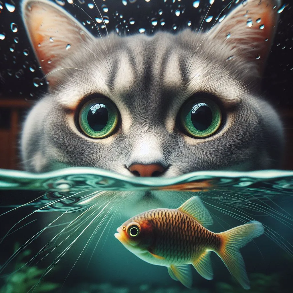 a cat looking at a fish in the water