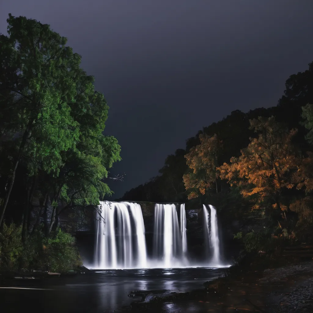 a large waterfall is lit up at night