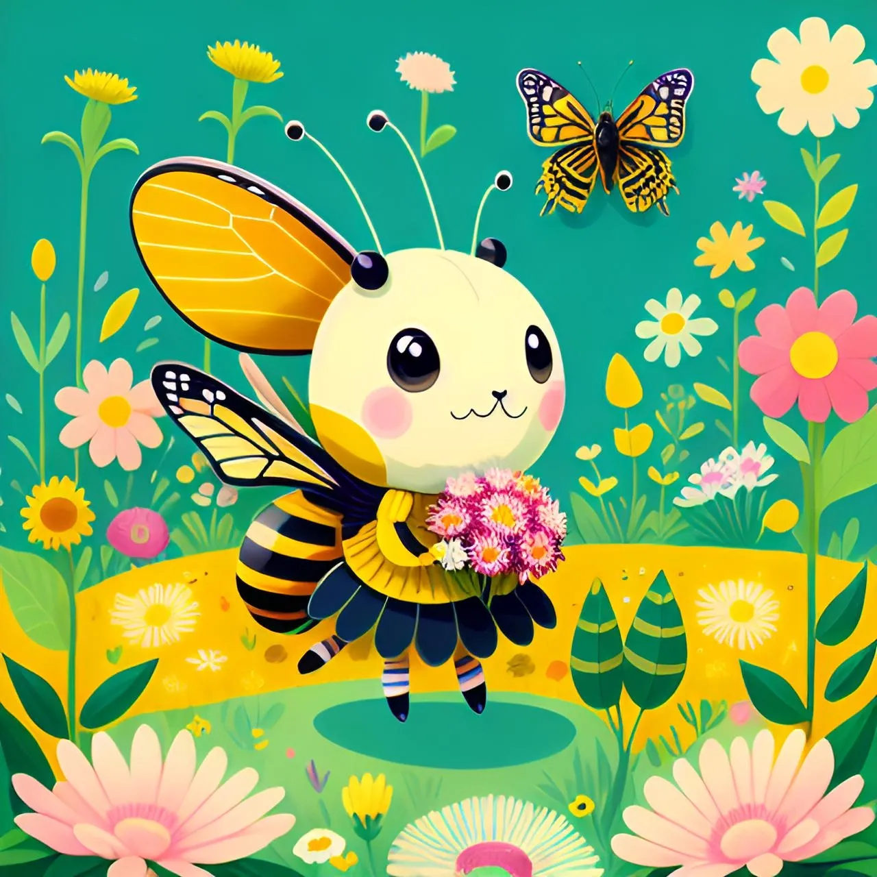 a painting of a bee holding a bouquet of flowers