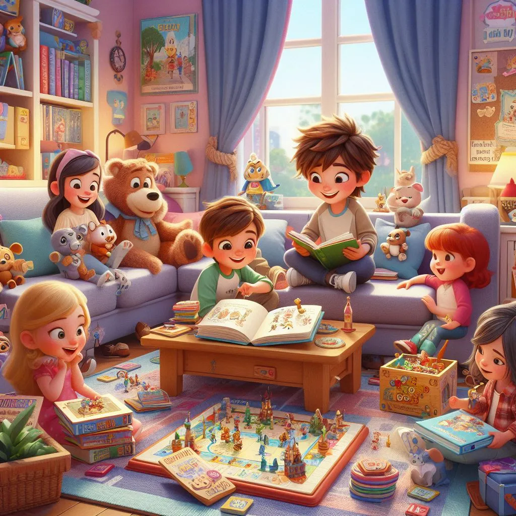 The scene transitions to a cozy reading nook where kids and characters are engaged in interactive storybooks that come to life, along with board games that play themselves, cartoon style, Disney style 