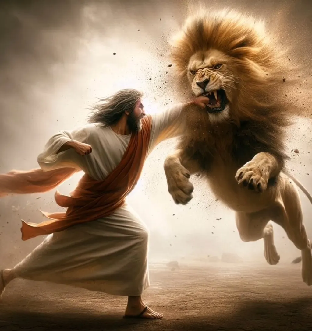 a god fighting versus lion