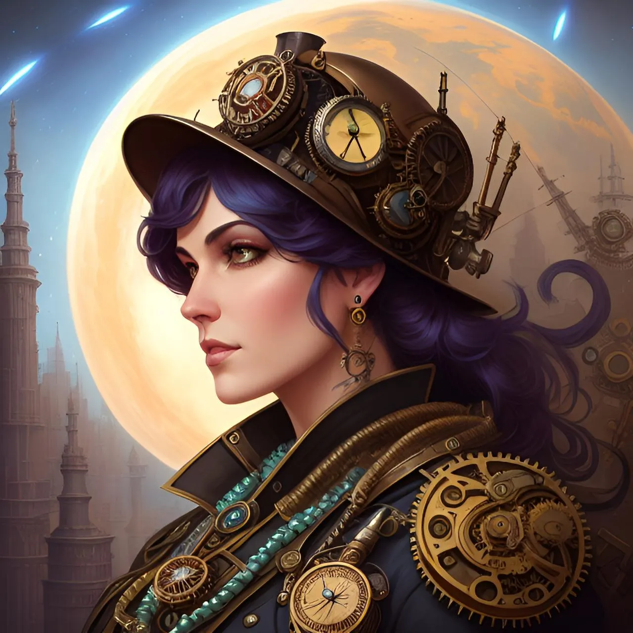 a painting of a woman wearing a steampunk hat