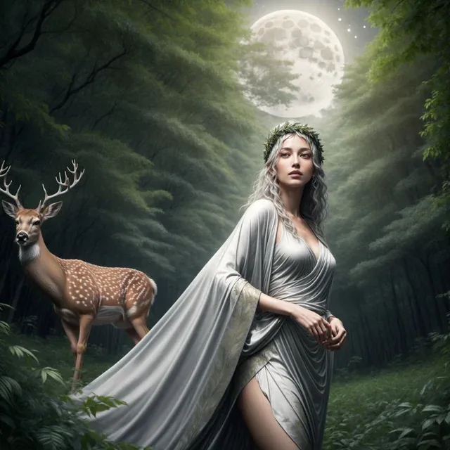 a woman in a white dress standing next to a deer