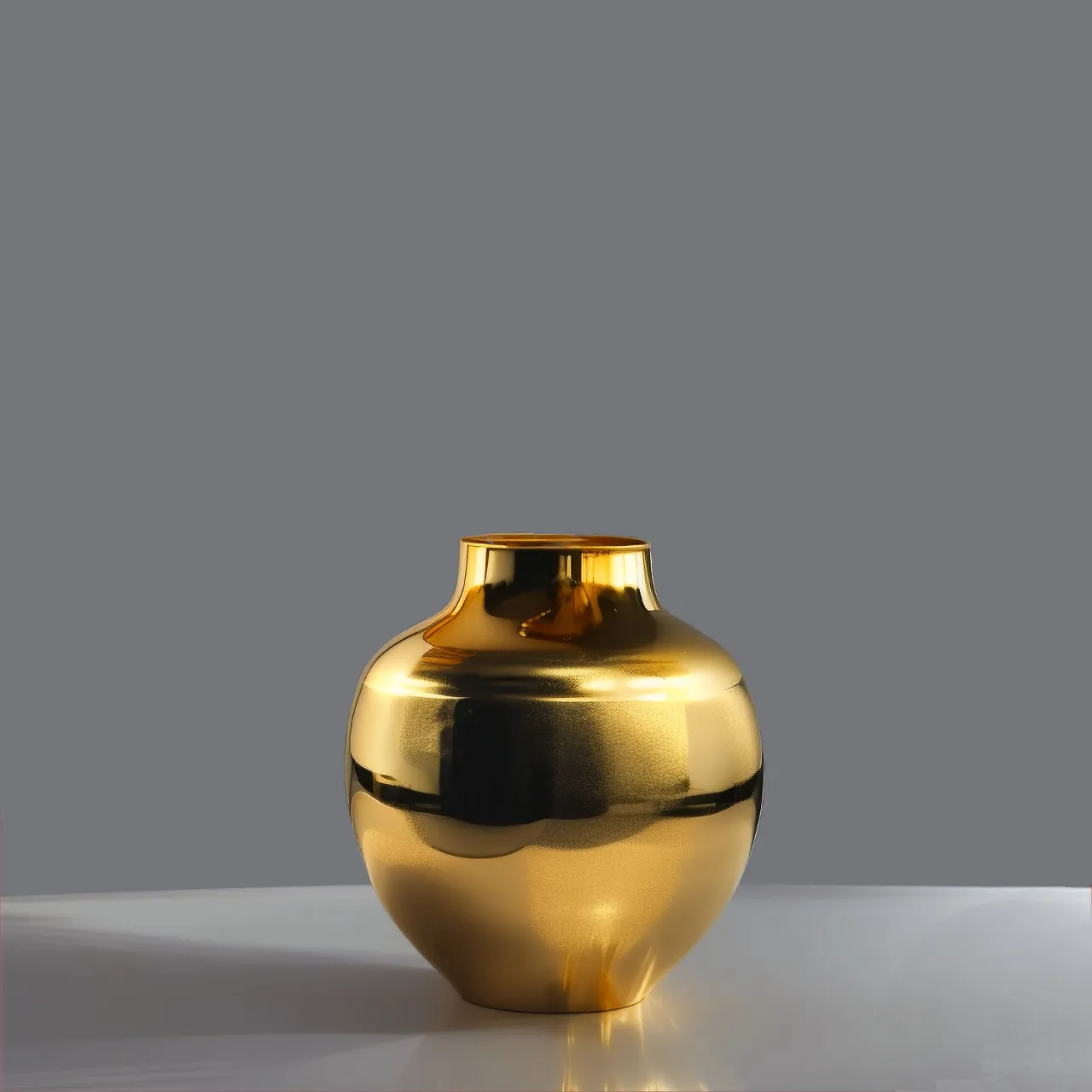 minimalist pot-bellied vase with a narrow neck, tall gold metallic vase. on gray background. A single white flower in it.