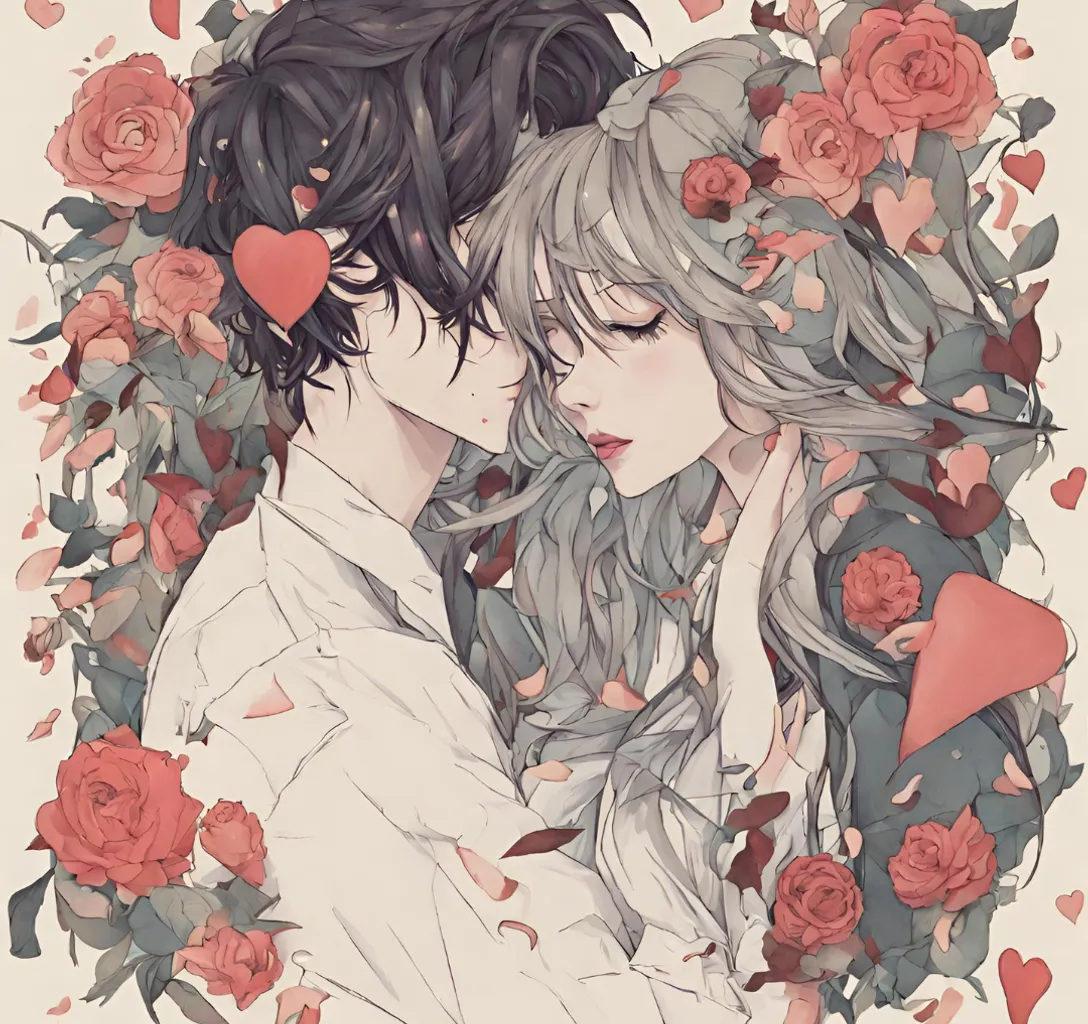 two people with long hair and roses around them. Kiss