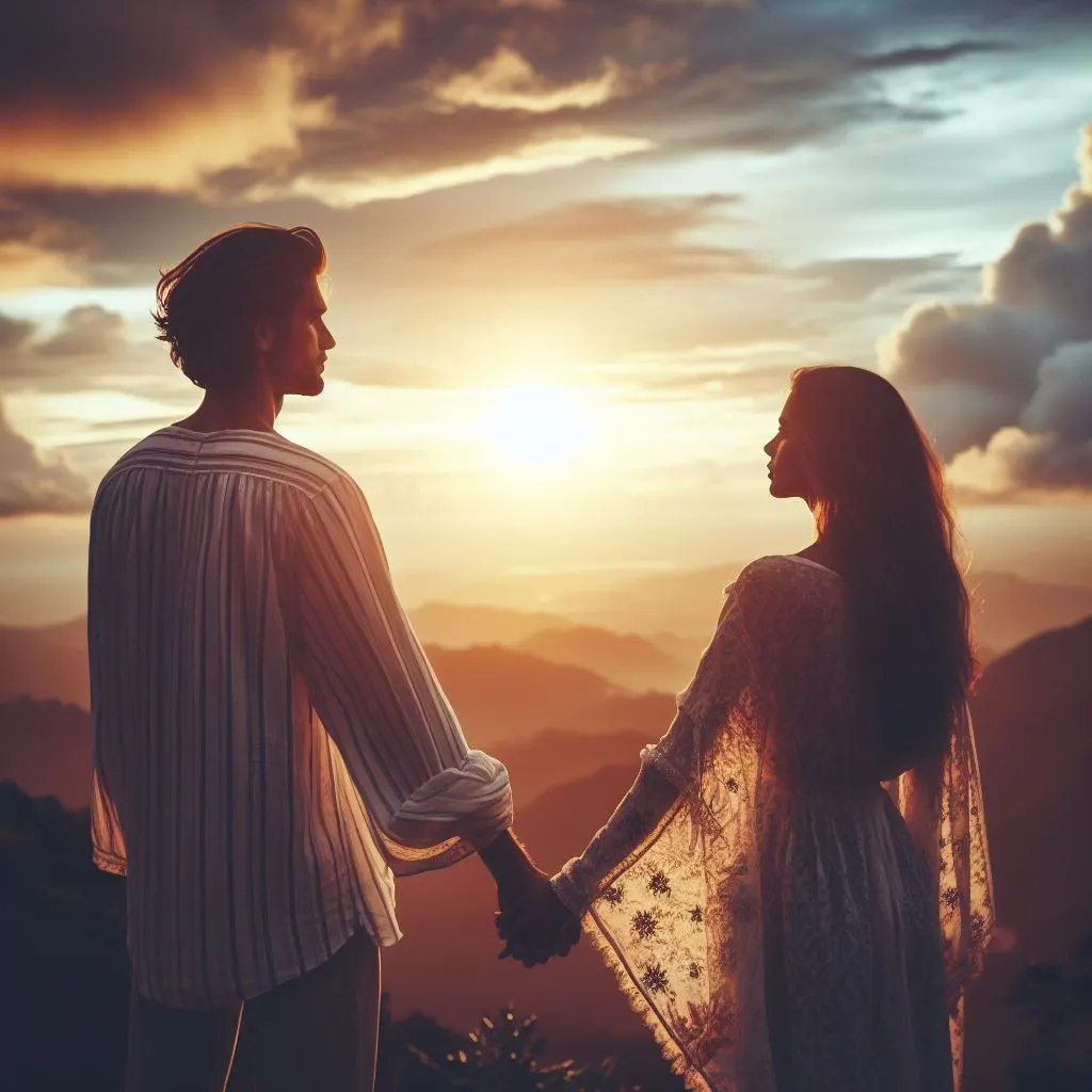 image of The couple man and woman stands hand in hand, gazing into the future with hope and love, as the sun sets in the distance.