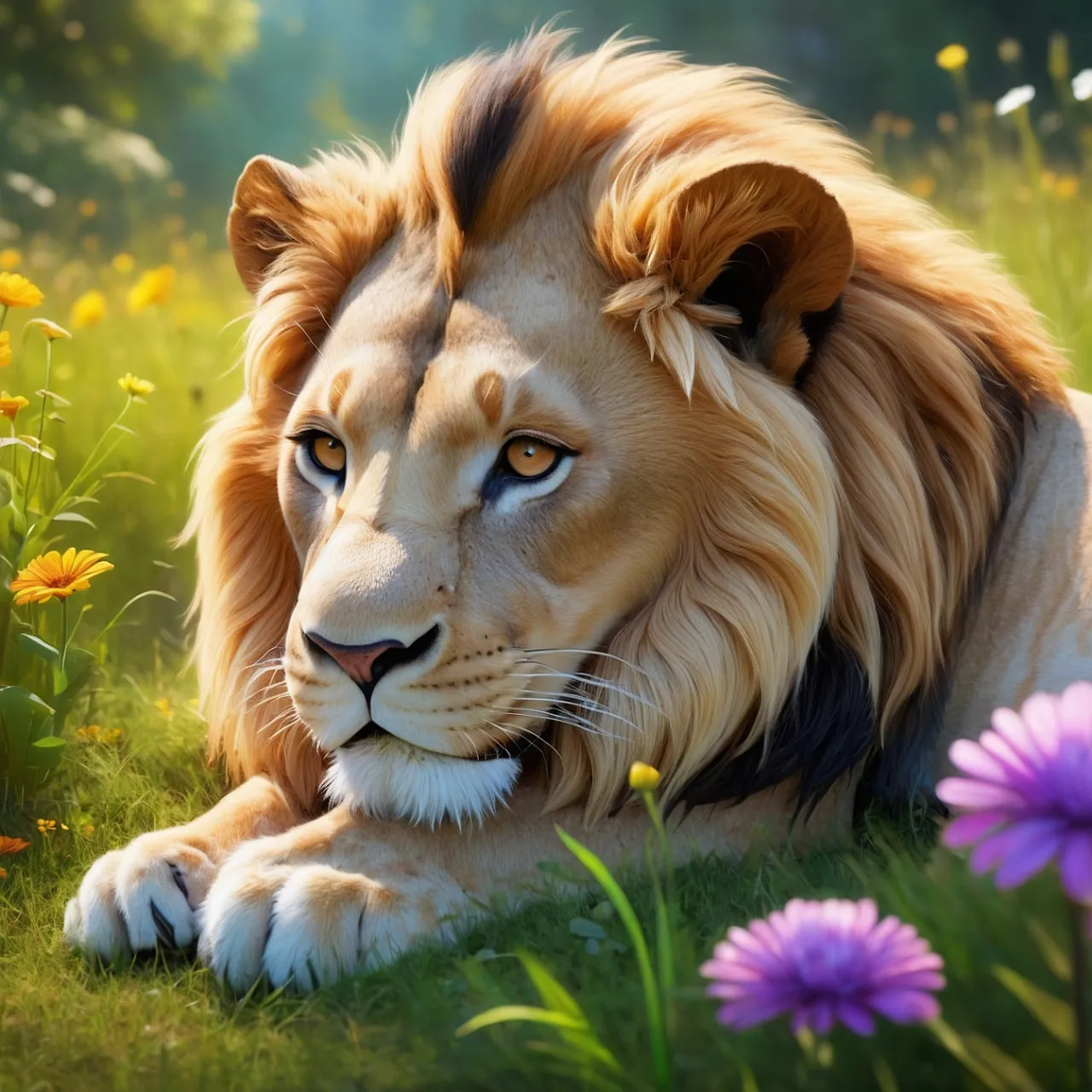 a painting of a lion laying in a field of flowers