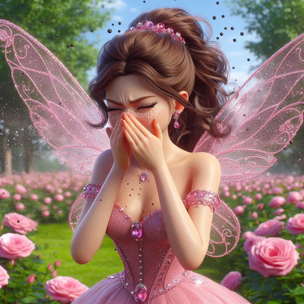 a fairy sneezing with a pink dress and pink flowers