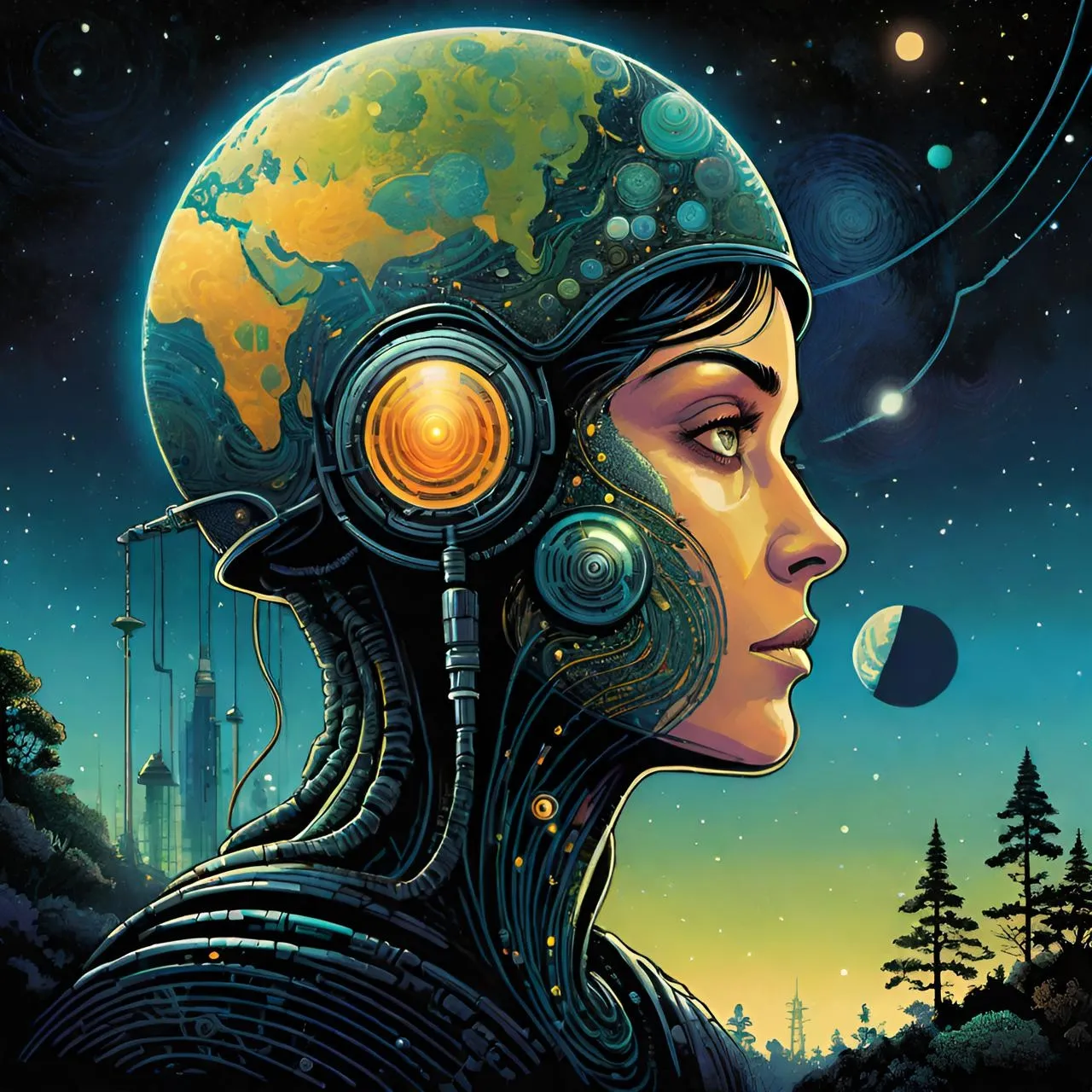 a painting of a woman's head with a planet in the background