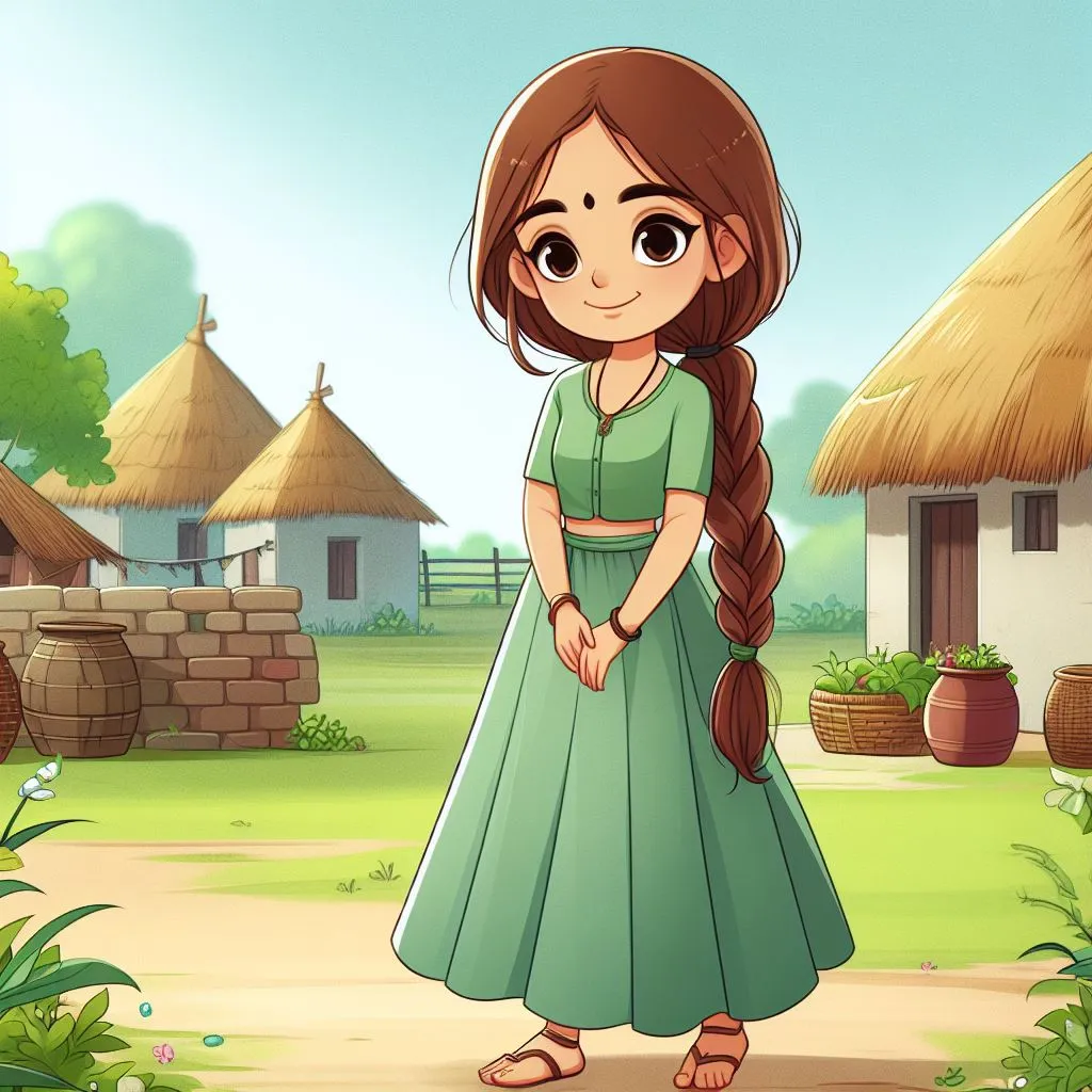 a   poor beautiful girl wearing light green, short blouse and long skirt  with braid standing animation cartoon zoom out  indian village in garden zoom in 