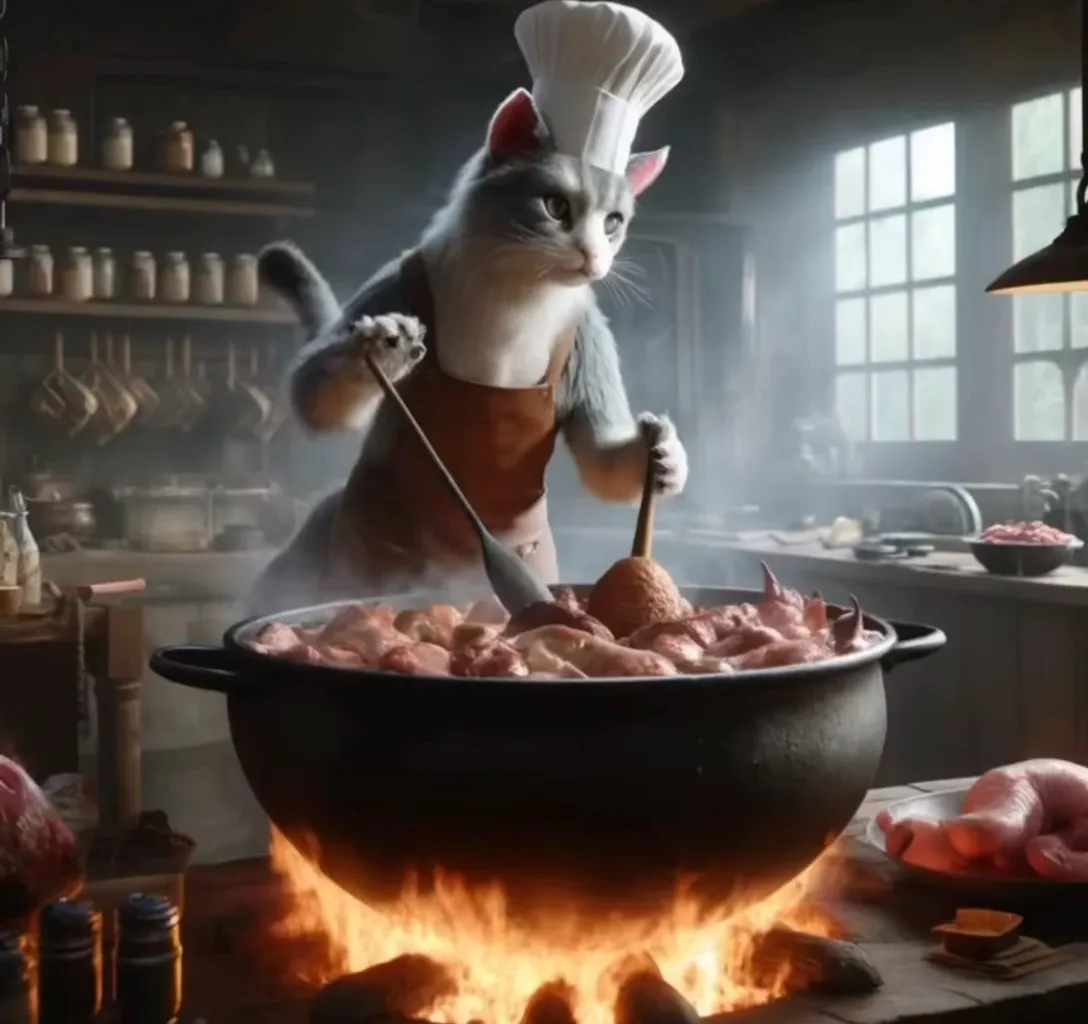 a cat in a chef's hat cooking food on a grill