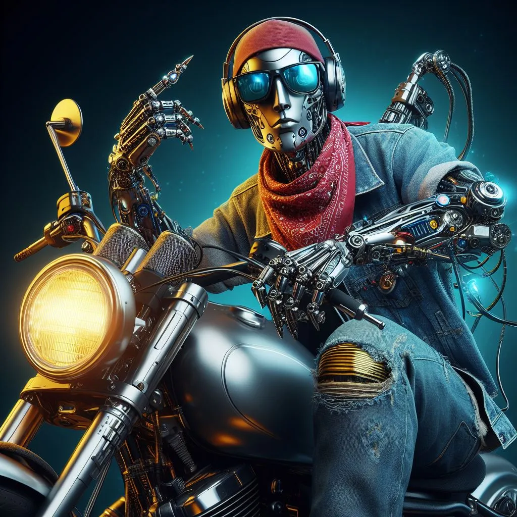 a man riding on the back of a motorcycle wearing headphones