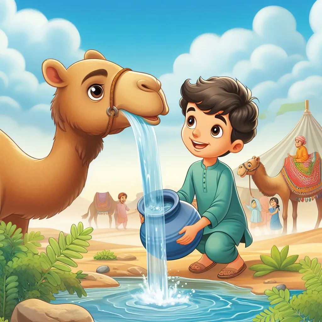 a boy is playing with a camel in the desert